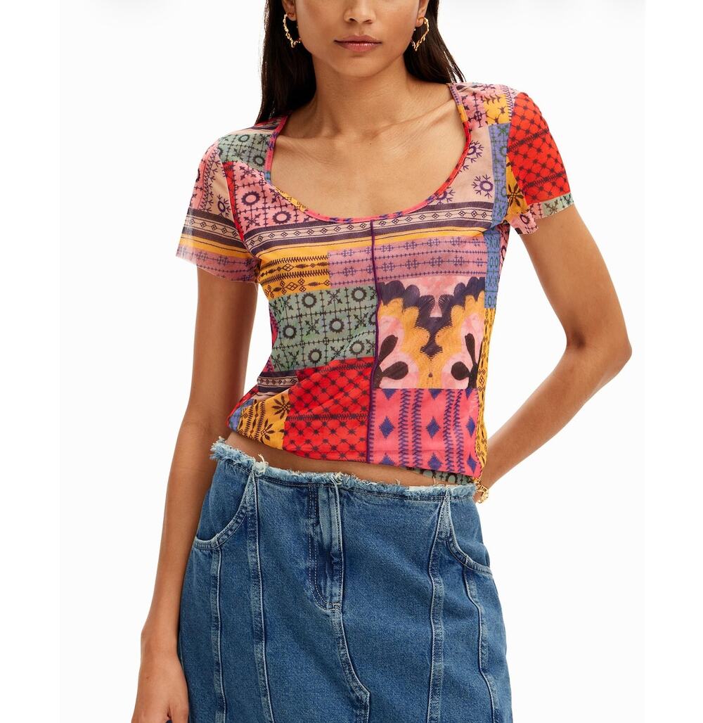 Desigual M Multi Patchwork Blouse Artistic Boho Designer Lightweight